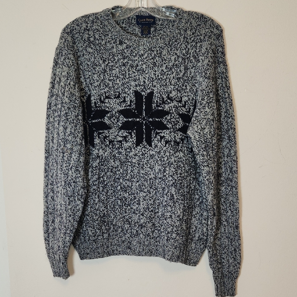 Vintage Club Room Navy and Gray Crewneck Wool Blend Snowflakes Sweater Sz M Mens